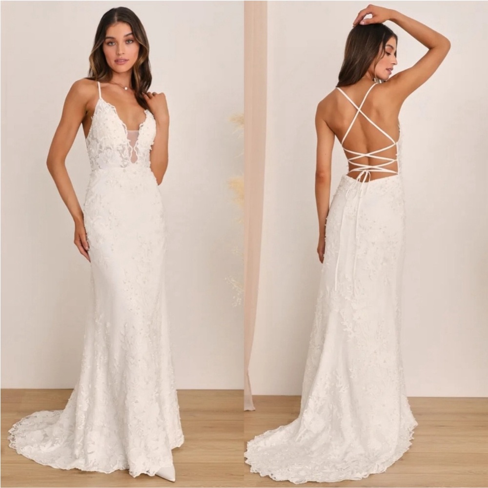 Lulus Enchanting Eternity Lace Mermaid Wedding Dress Ivory Bridal Size 6